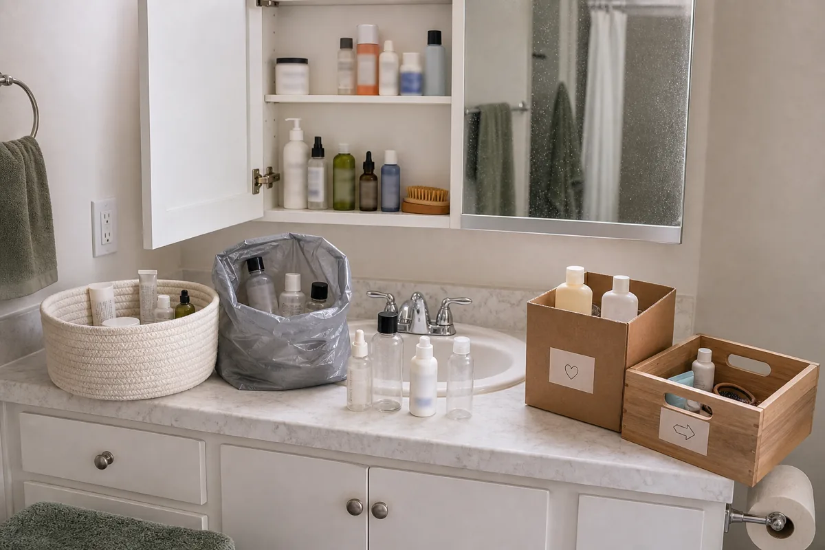 A small bathroom mid-declutter with the medicine cabinet open, old and empty product bottles pulled out toward the trash bag, a small donate pile, and a keep basket holding the daily handful