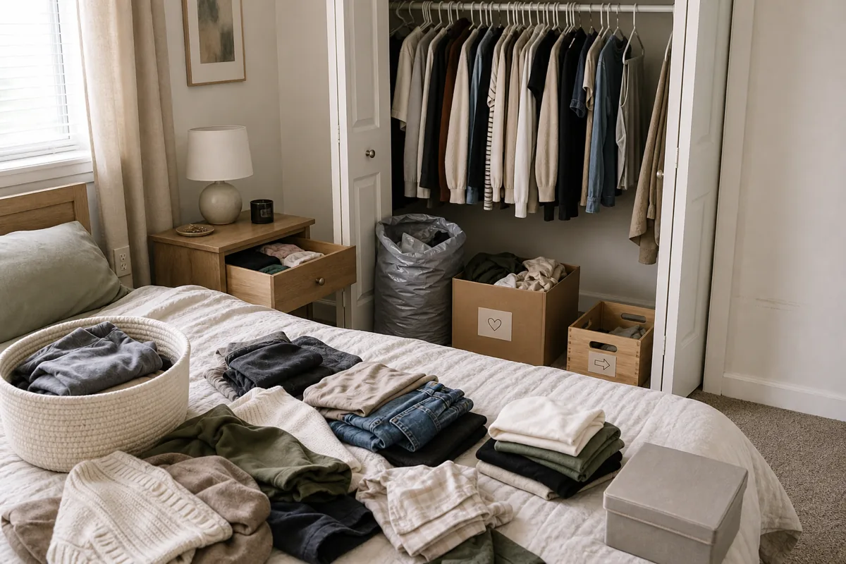 A small bedroom mid-declutter with clothes sorted on the bed into keep and donate piles, doesn't-fit pieces in a donate box, a nightstand drawer open, one memory box set aside, and an open closet behind