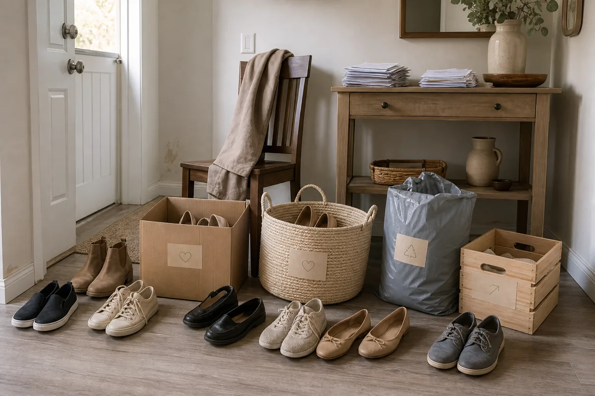 A small entryway mid-declutter with shoes being sorted into a kraft donate box, a coat draped over a chair to decide on, and a mail pile half-split on a console, the four sorting boxes in use