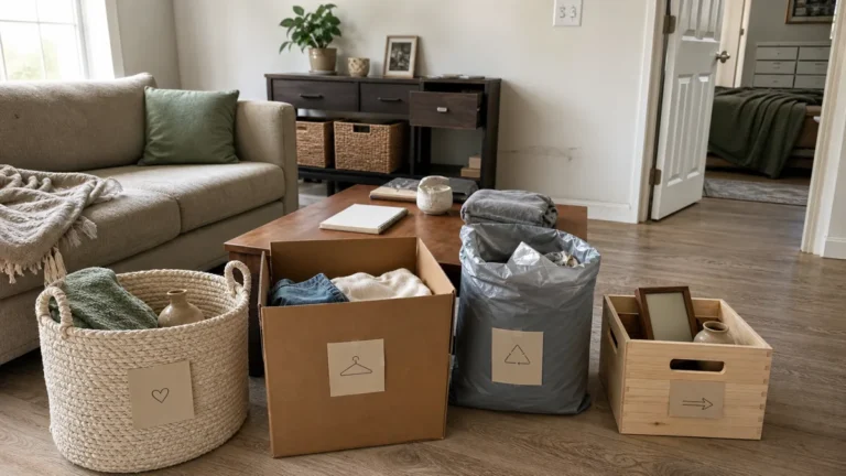 A small apartment living area mid-declutter with a four-box sorting system in use — a cream woven keep basket, a kraft donate box, a gray trash bag, and a small wood relocate crate — a few items being sorted on the coffee table and a room checklist on the table, soft daylight
