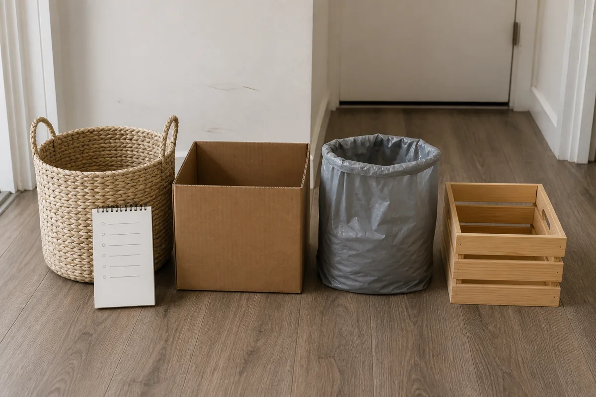 Four labeled sorting containers lined up on a hallway floor before a room-by-room declutter — a cream woven keep basket, a kraft donate box, a gray trash bag, and a light-wood relocate crate — with a paper notepad listing the rooms in order