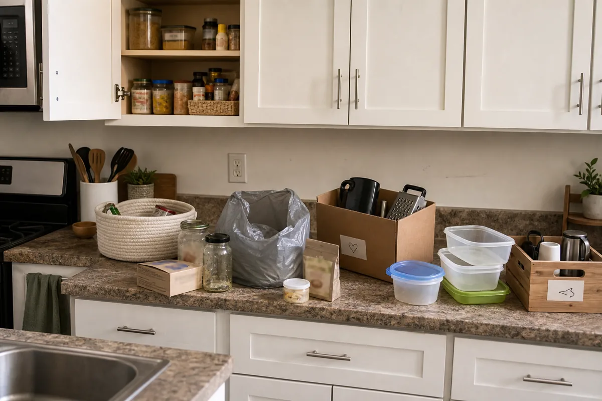 A small kitchen mid-declutter with an open cabinet, expired pantry items and a duplicate gadget pulled out toward the trash and donate boxes, and lidless plastic containers set aside