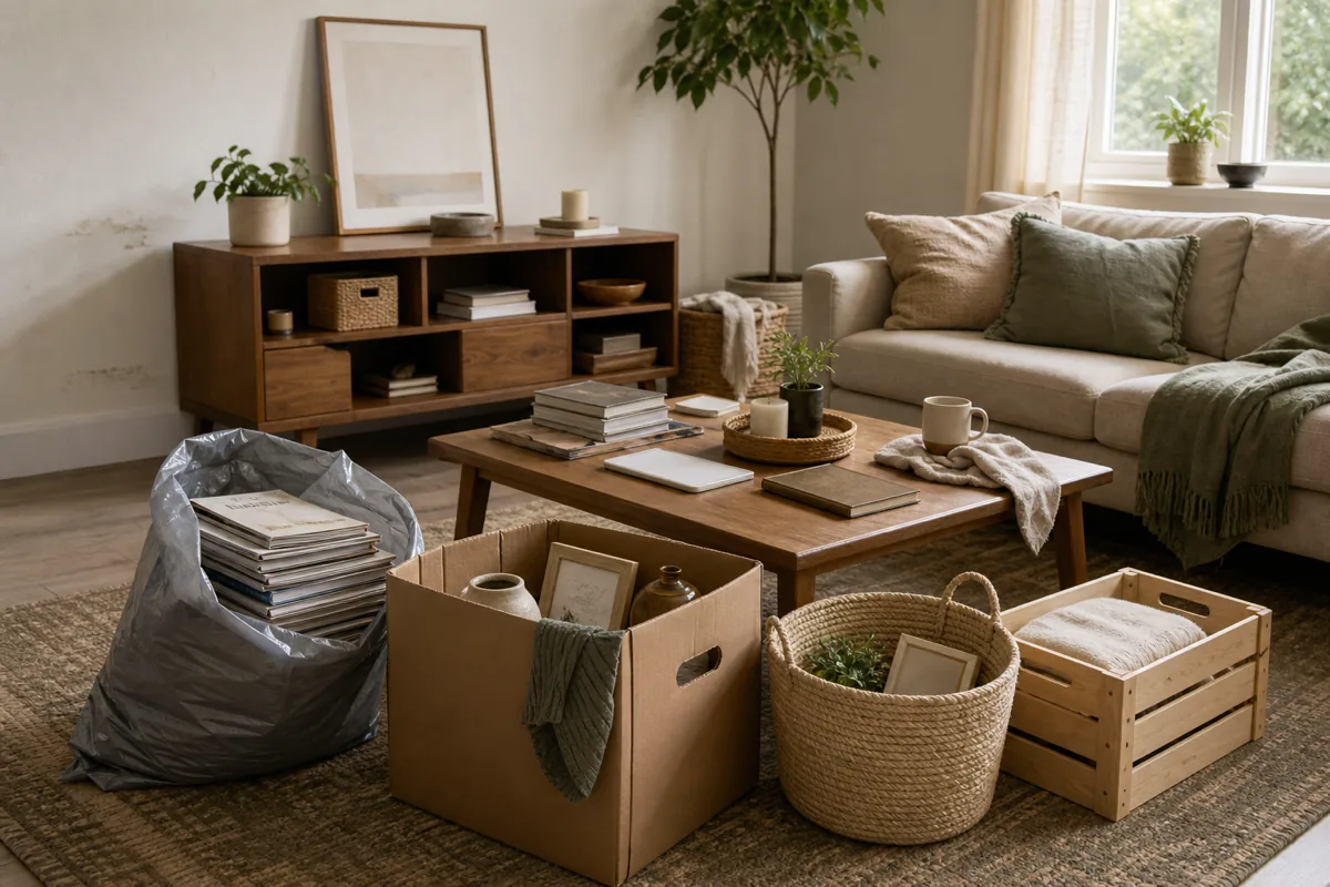 A small living room mid-declutter with the coffee table and console half-cleared, magazines going into a gray recycle bag, a few decor pieces set into a donate box, and the four sorting containers in use