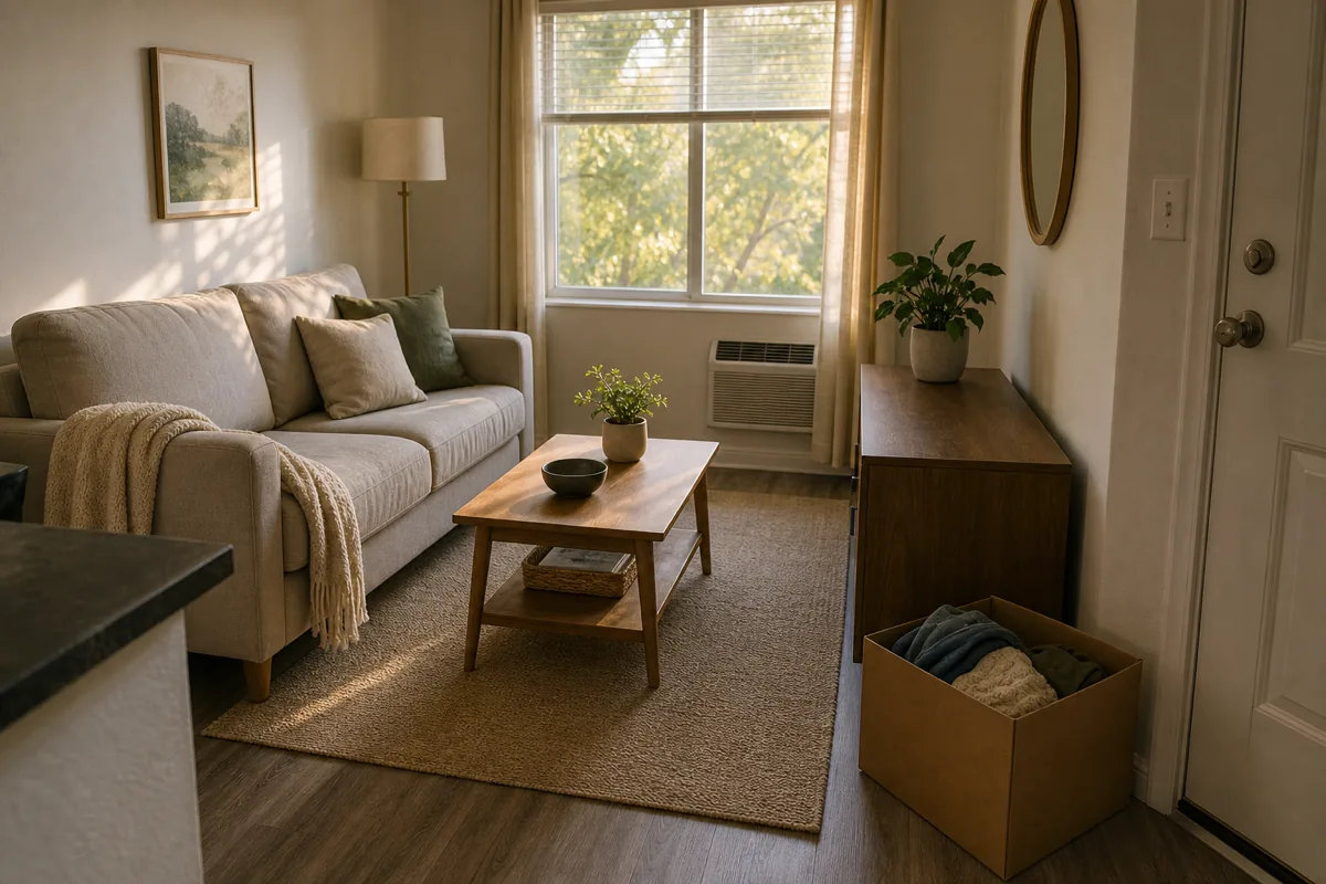 A small living room finished and calm after a room-by-room declutter, surfaces clear with breathing room, and a single donate box by the front door ready to leave for the one-in-one-out habit