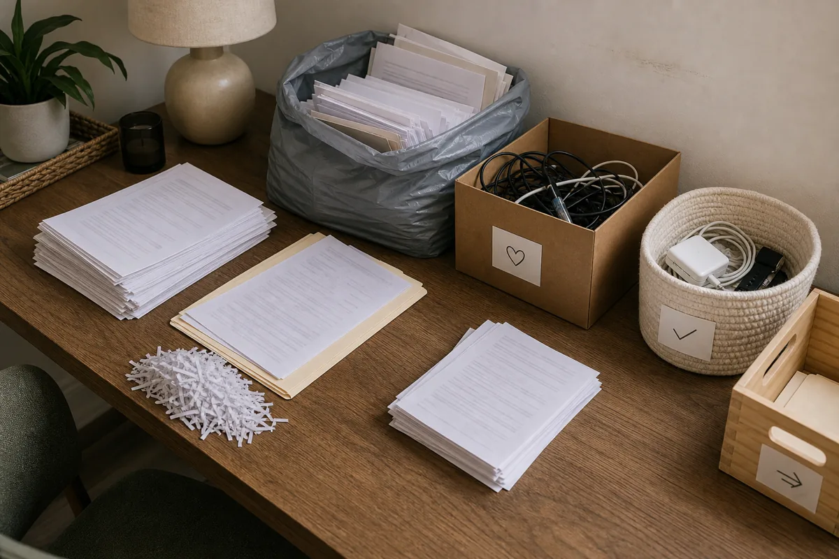 A small home-office desk mid-declutter with a paper pile split into shred, file, recycle, and action stacks, tangled old cables pulled out toward a donate box, the sorting containers in use