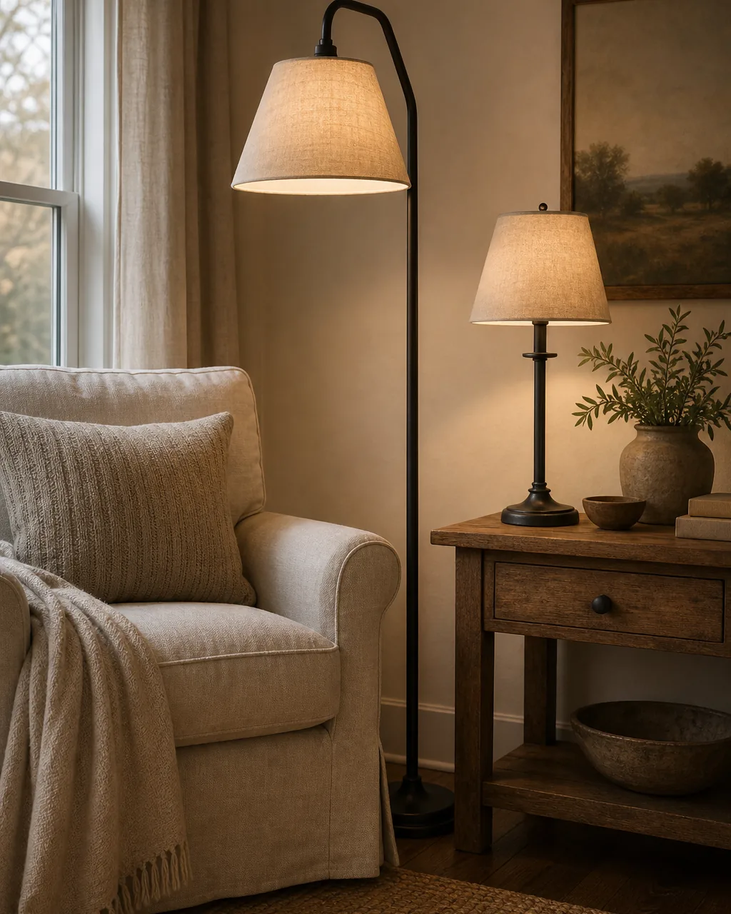 A farmhouse living room corner with a matte black metal floor lamp with a linen shade beside a slipcovered chair, a warm wood and black metal table lamp on a side table, warm white wall, the mix of black metal and warm wood reading cohesive, soft evening light from both lamps