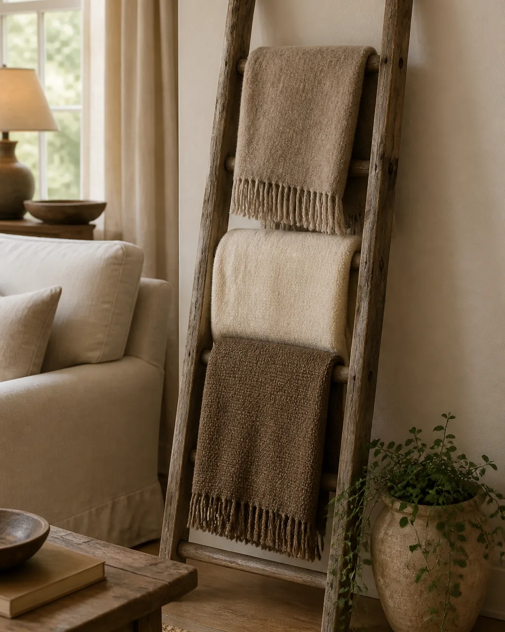 A weathered vintage wooden ladder leaned against a warm white wall in a farmhouse living room corner, three folded throw blankets in warm neutrals draped over its rungs, a small trailing plant on the floor beside it, warm daylight, the corner reading purposeful not empty