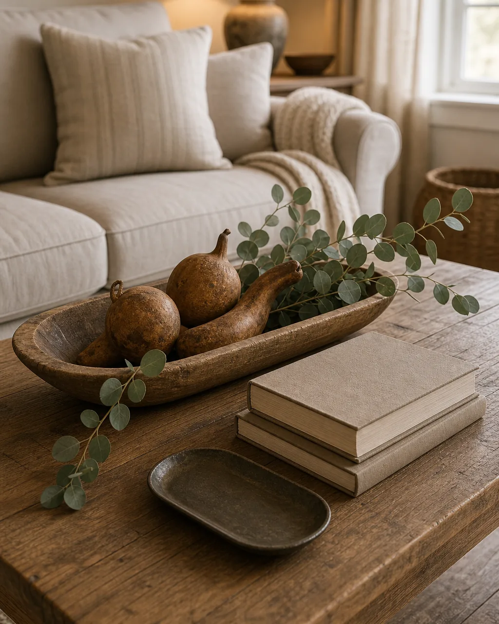 A warm oak coffee table in a farmhouse living room styled with a long oval wooden dough bowl holding a few dried gourds and trailing eucalyptus, a short stack of two cloth-bound books beside it, a small brass tray, the slipcovered sofa softly out of focus behind, warm daylight