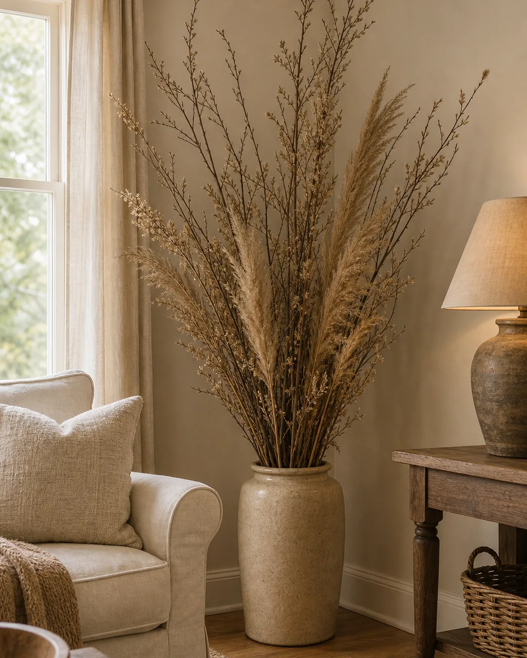 A tall arrangement of dried branches and pampas in a large warm stoneware crock standing in the corner of a farmhouse living room, the branches reaching toward the ceiling, a slipcovered chair nearby, warm white wall, soft daylight, the once-empty corner now reading purposeful and warm