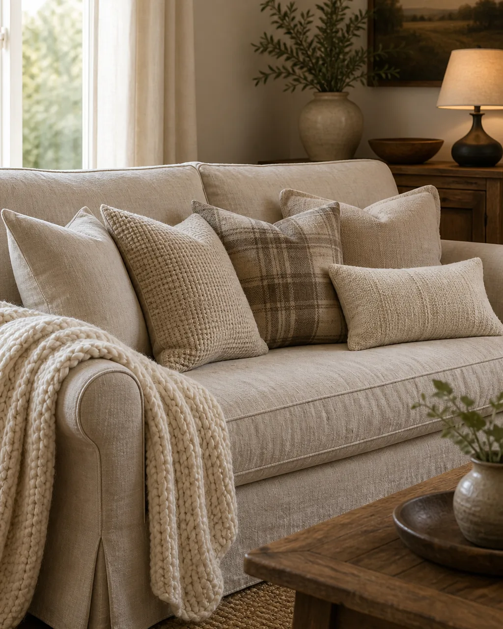 A slipcovered oatmeal linen sofa in a farmhouse living room with a chunky cream knit throw draped over one arm and five mixed-texture cushions — linen, waffle weave, a single soft plaid — in warm neutrals arranged in a relaxed not-symmetrical way, warm daylight