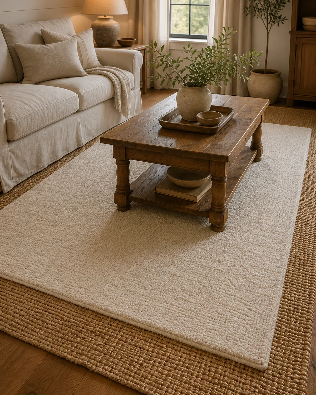 A farmhouse living room floor layered with a large natural jute rug underneath and a smaller soft cream wool rug on top, the jute border showing on all four sides, a warm oak coffee table centered on the wool layer, slipcovered sofa edge visible, warm daylight