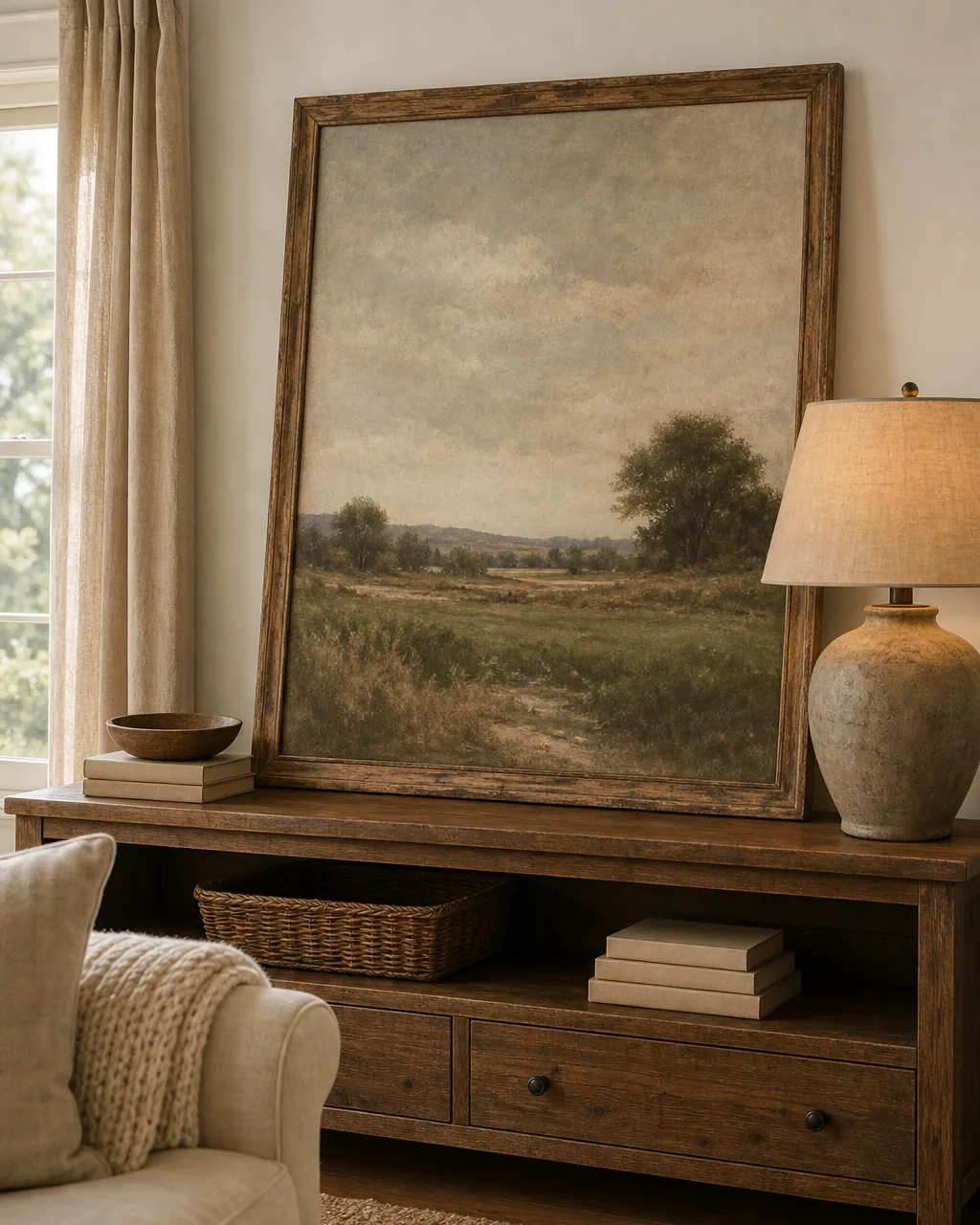 A large oversized vintage-style landscape painting in a simple distressed wood frame leaned against a warm white farmhouse living room wall, resting on the floor behind a console, muted earthy tones in the painting, a stoneware lamp beside it, warm daylight, calm and uncluttered