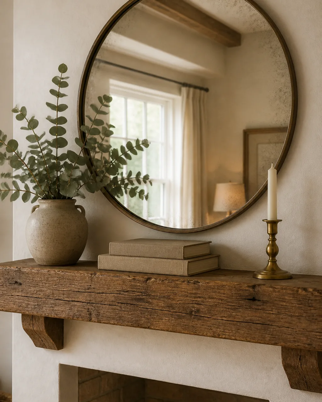 A reclaimed wood mantel shelf in a farmhouse living room with a large round antique mirror with a thin aged metal frame hung above it, the mantel styled with a short stack of books, a small stoneware vase with eucalyptus, and one brass candlestick, warm white wall, soft light