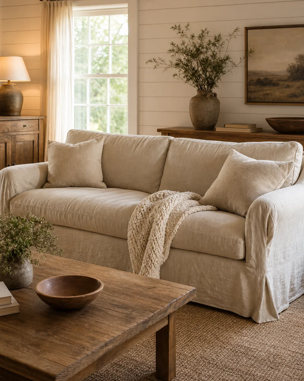 A lived-in farmhouse living room anchored by a slipcovered linen sofa in warm oatmeal, loose relaxed cover slightly rumpled at the arms, two linen cushions and a folded chunky knit throw on it, a warm oak coffee table in front, warm white shiplap wall behind, soft natural daylight