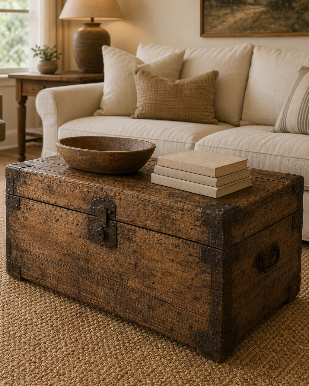 A reclaimed wood trunk with aged iron hardware used as a coffee table in a farmhouse living room, the lid styled with a wooden dough bowl and a short book stack, a slipcovered sofa behind, jute rug underneath, warm daylight, the trunk reading both rustic and functional