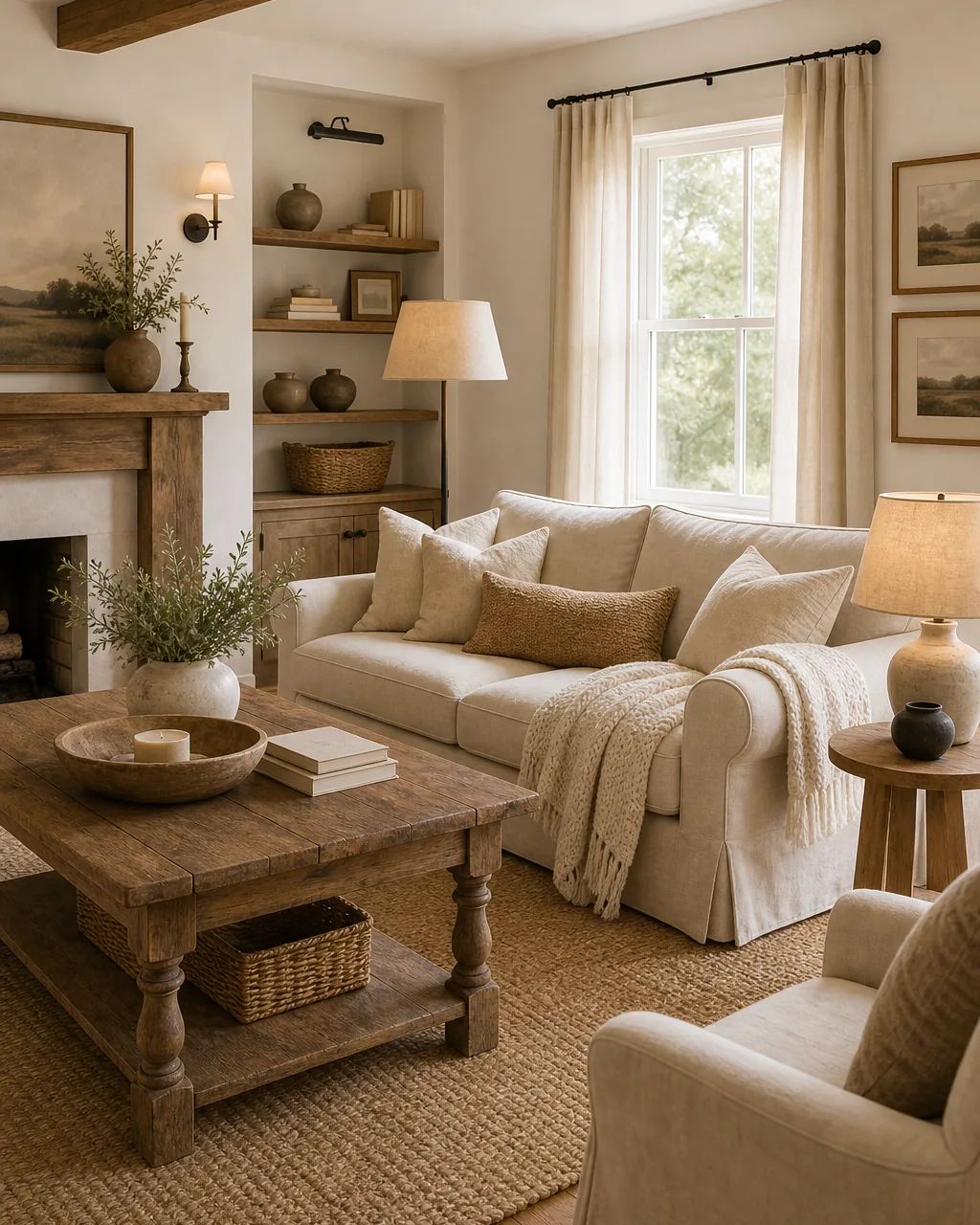 A wide view of a cohesive farmhouse living room held to a tight palette of warm white walls, oatmeal slipcovered sofa, warm oak wood tones, jute and cream textiles, and a few soft black accents in the lighting and frames, everything reading calm and collected, warm natural daylight