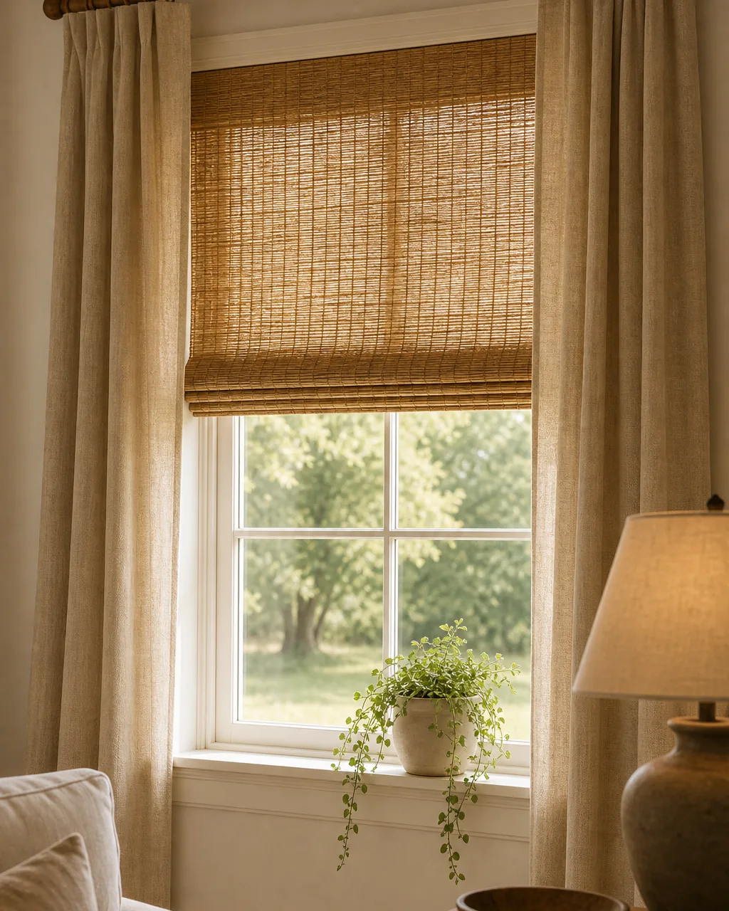 A farmhouse living room window fitted with a natural woven bamboo roman shade rolled halfway down, flanked by simple stationary oatmeal linen panels on a thin wood rod, the woven texture catching warm daylight, warm white wall, a small trailing plant on the sill