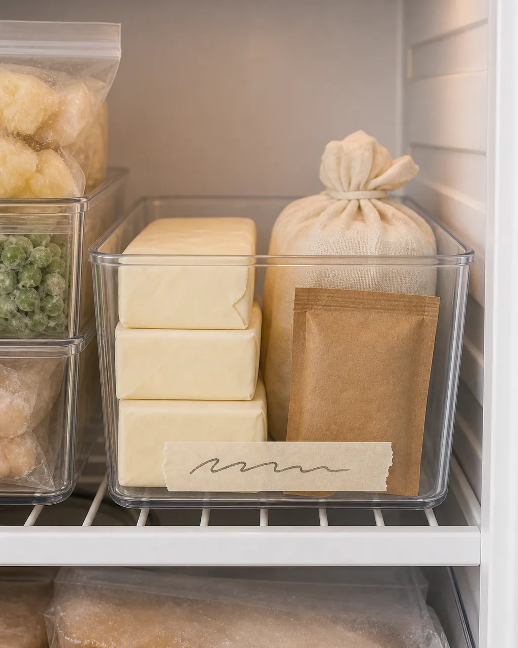 A photo for idea 10: dedicate a small bin to backup essentials (butter, bread, yeast)