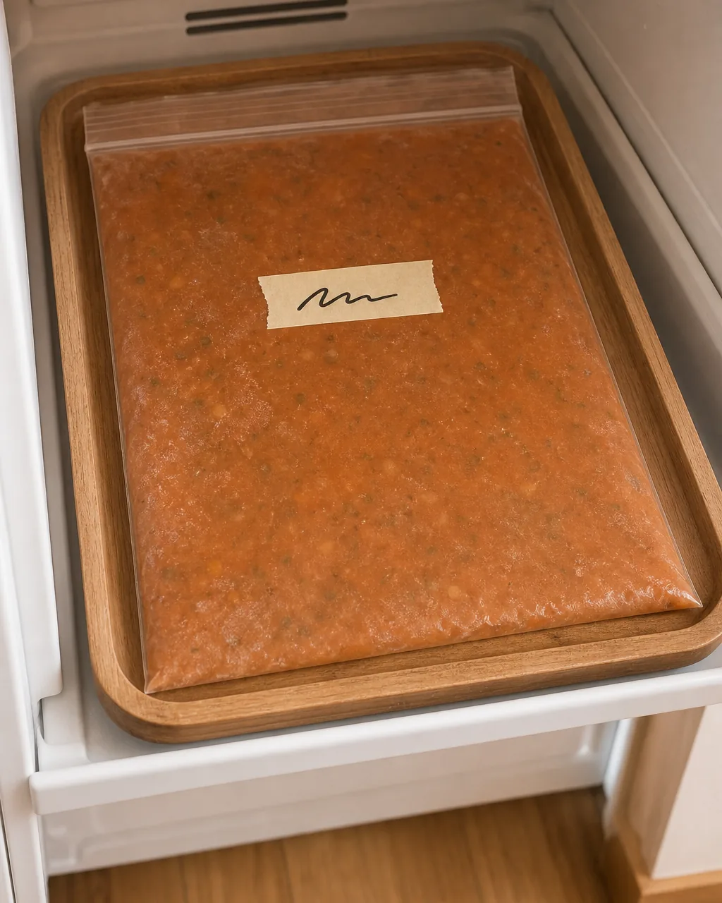A photo for idea 3: flatten soups and sauces in zip bags before freezing for vertical filing