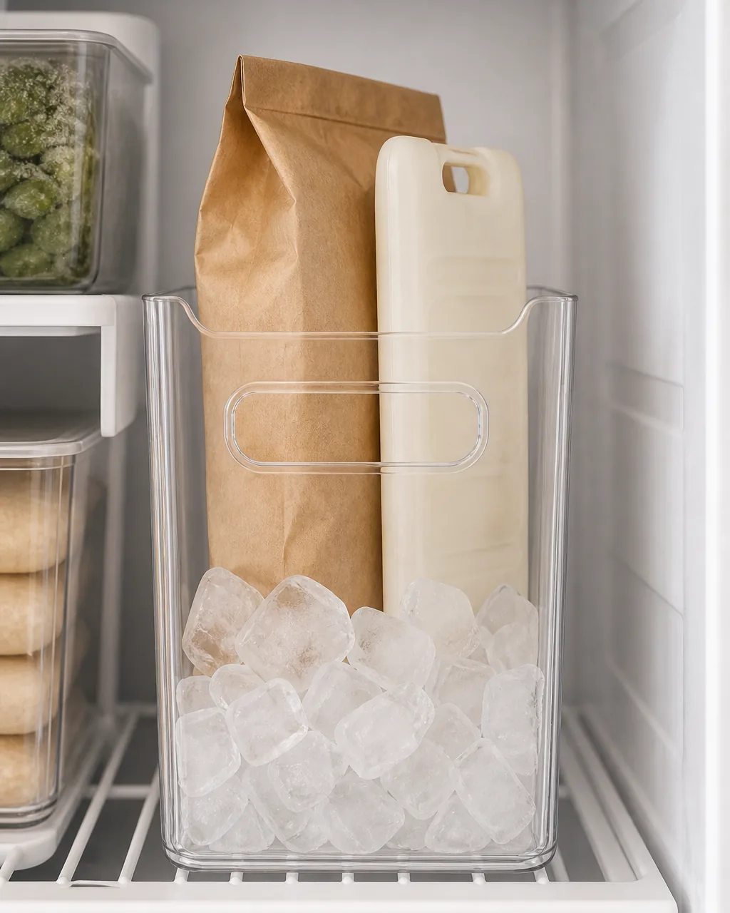 A photo for idea 8: decant ice cubes and ice packs into one tall caddy