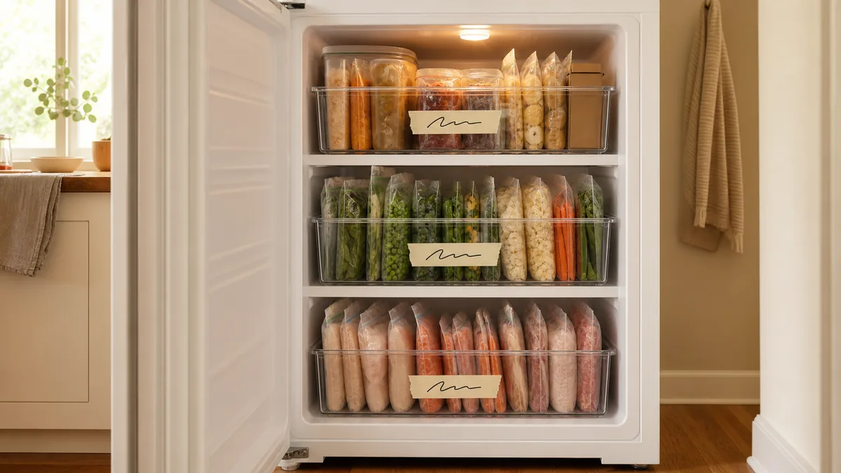 An open upright freezer in a warm-light kitchen with three visible vertical zones — proteins on bottom, vegetables in middle, leftovers on top — sorted into matching clear bins with handwritten masking-tape labels, warm oak floor below, natural daylight from a nearby window
