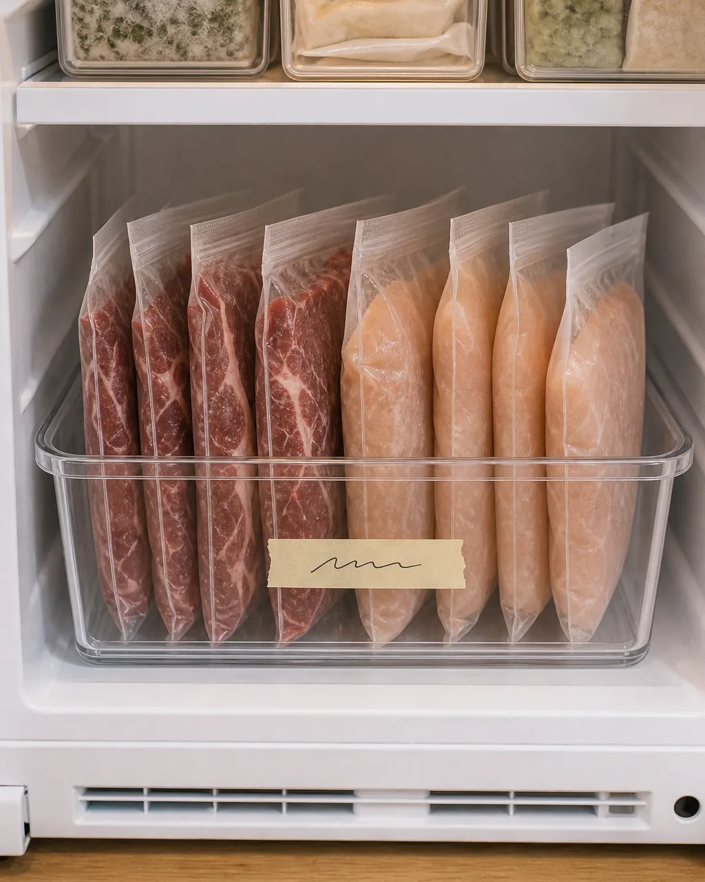 A photo for idea 7: group raw proteins on the lowest shelf to catch any drips