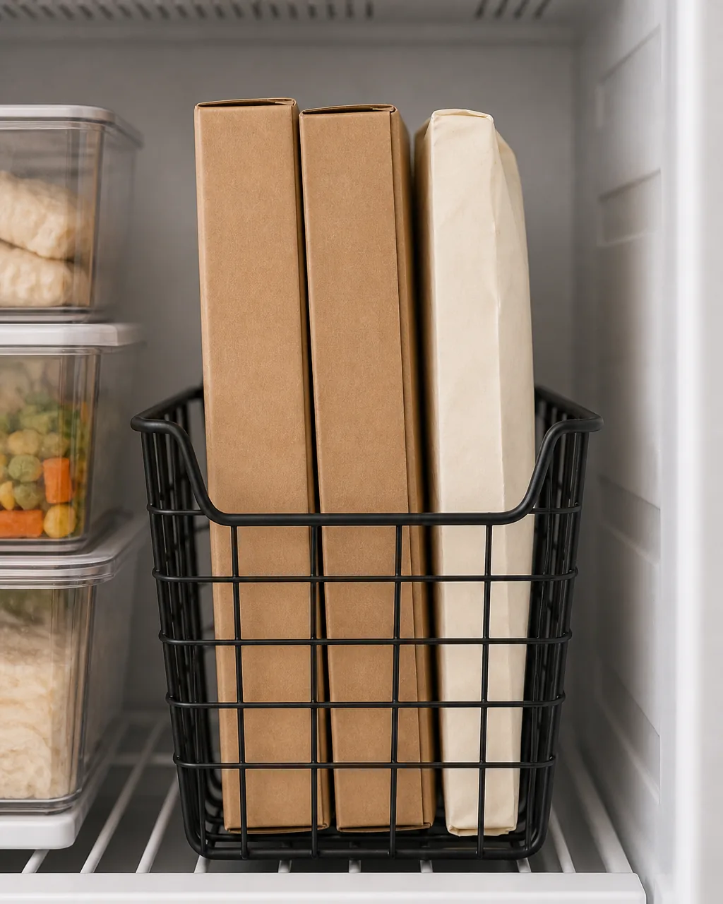 A photo for idea 9: stand tall items like frozen pizzas upright in a wire basket