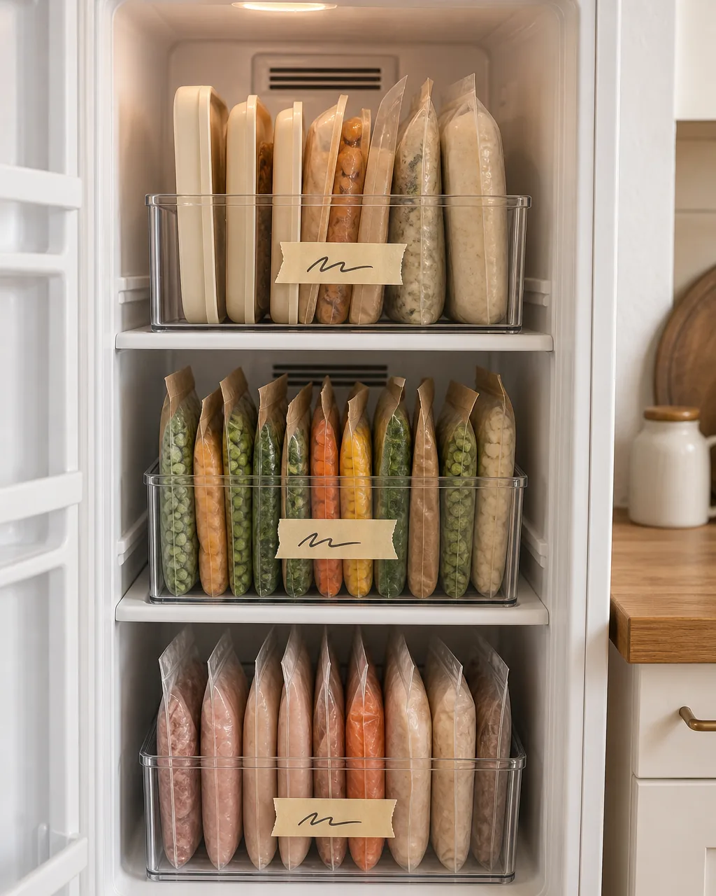 A photo for idea 1: build three vertical zones with clear stackable bins (proteins, vegetables, leftovers)
