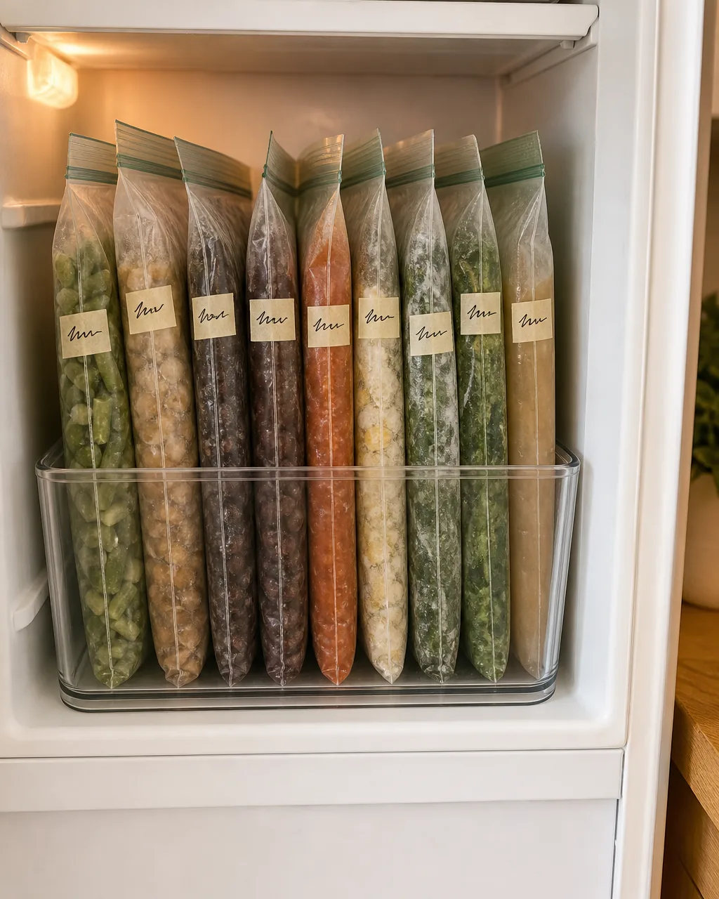 A photo for idea 2: file flat-frozen bags upright like books, not stack them