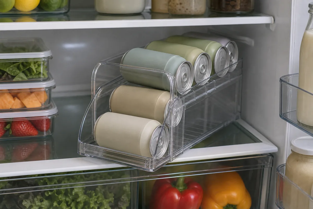 A clear roll-front can dispenser on a fridge shelf holding plain unbranded cans, one rolled down to the front opening with the next waiting behind it