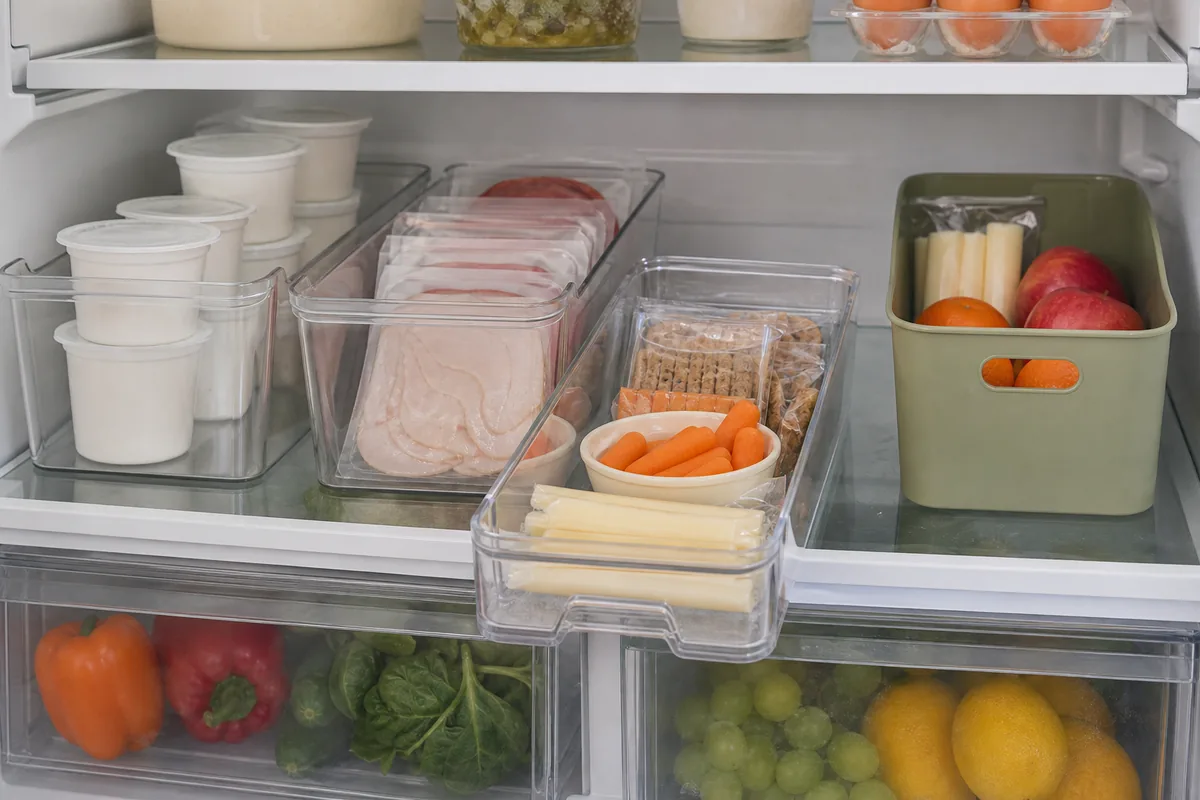 One shelf inside a fridge lined with clear plastic bins each grouping a category of unbranded groceries, one bin pulled a few inches out to show it slides