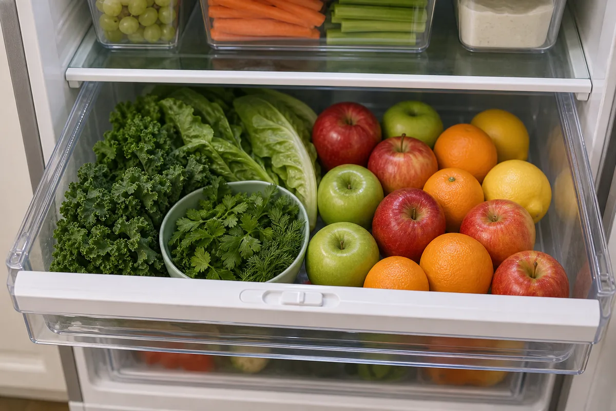 A clear crisper drawer pulled open at the bottom of a fridge, leafy greens and herbs on one side and apples and citrus on the other, the blank molded humidity slider on the front edge