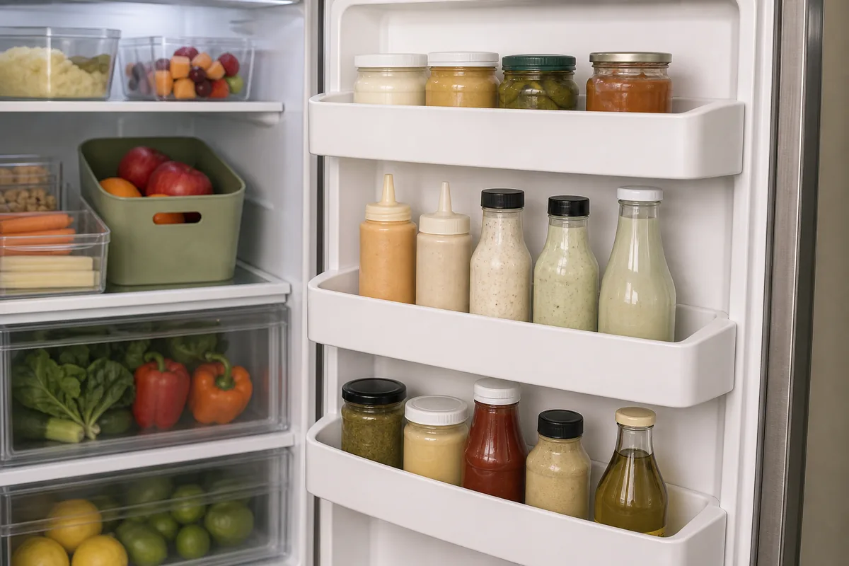 The inside of an open fridge door with molded bins holding plain condiment bottles and jars and one tall bottle, with no milk or eggs on the warm door