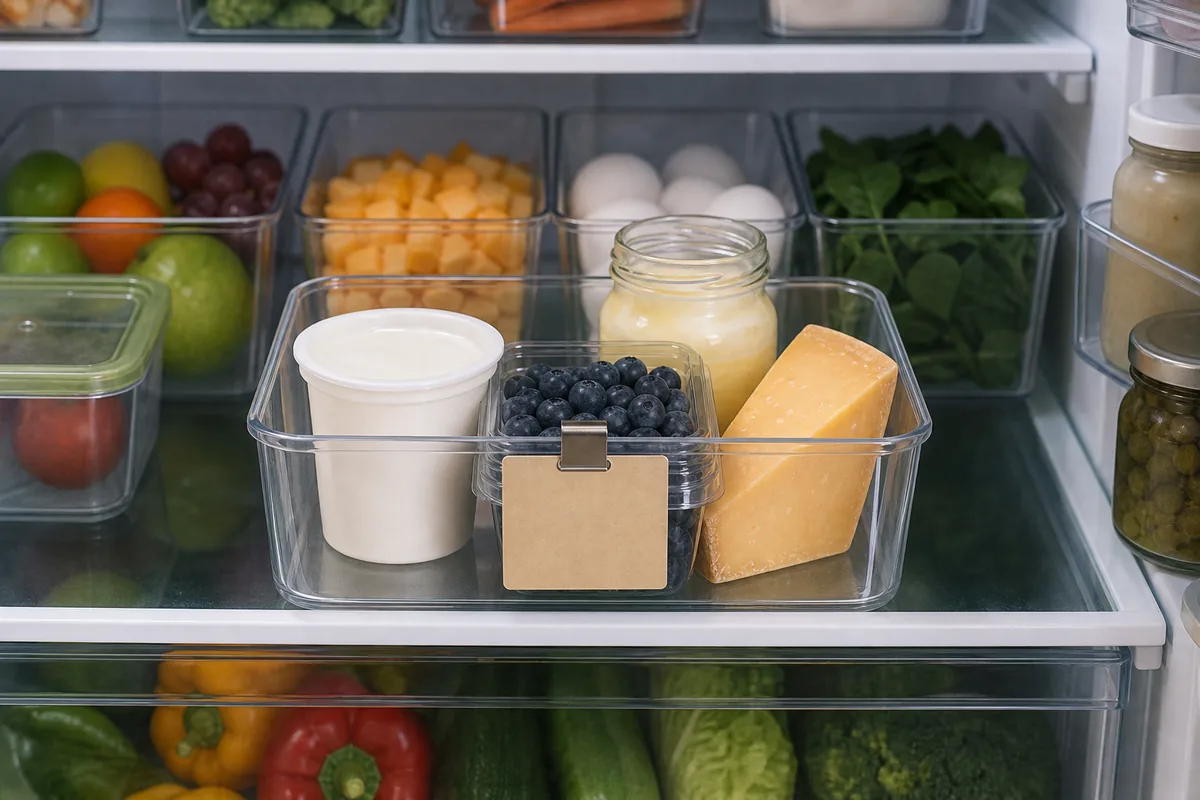 A single open bin at the front center of a fridge shelf holding soon-to-use food (a yogurt tub, berries, an opened jar, a cheese wedge) with a small blank tag clipped to its front edge