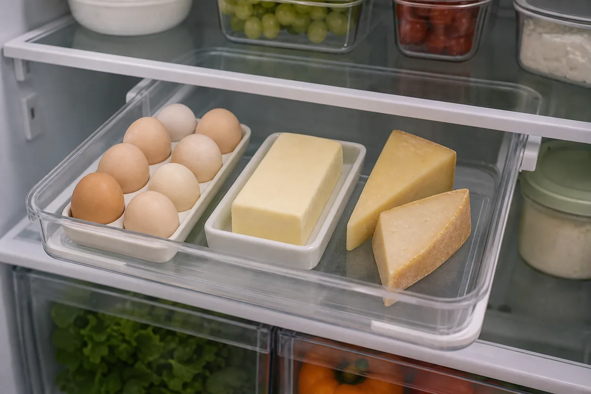 A shallow pull-out tray on a fridge shelf lifted a few inches out, grouping an egg holder of plain eggs, a butter dish, and two cheese wedges that slide out together