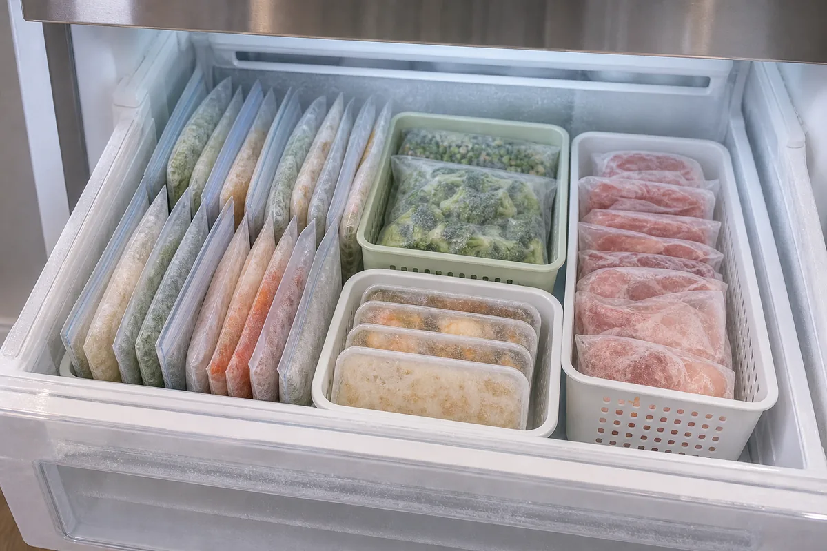 An open freezer section with flat bags of food filed standing upright like folders and two or three baskets sorting frozen vegetables, meat, and ready meals by type