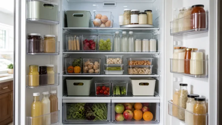 An open, fully organized home refrigerator: clear bins grouping food, a lazy-Susan turntable of plain jars, a stack of clear leftover containers, and a crisper drawer of fresh produce, in soft kitchen daylight