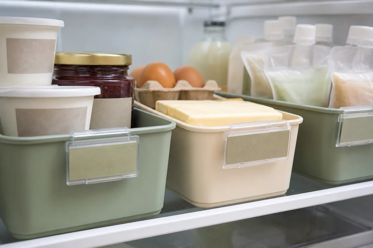 A row of clear and muted-colored fridge bins with small blank label strips clipped to their front rims, suggesting a labeling system by shape alone