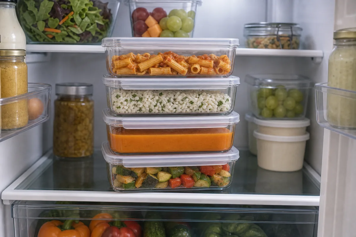 A stack of clear, matching food-storage containers on a fridge shelf, each holding visible leftovers like pasta, rice, and soup, lids level so they sit at eye level