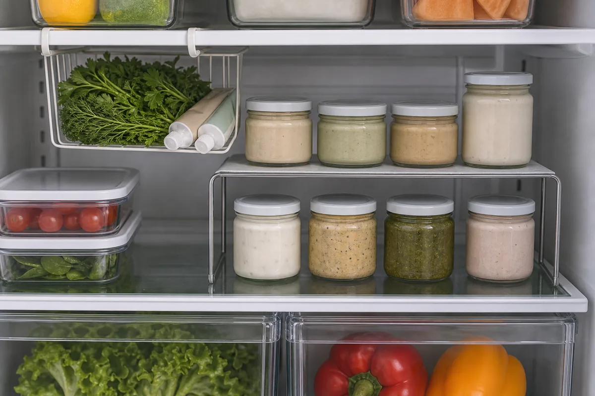 A fridge shelf with a wire riser creating a second tier of short jars and a clip-on basket hanging under the shelf above holding fresh herbs and squeeze tubes