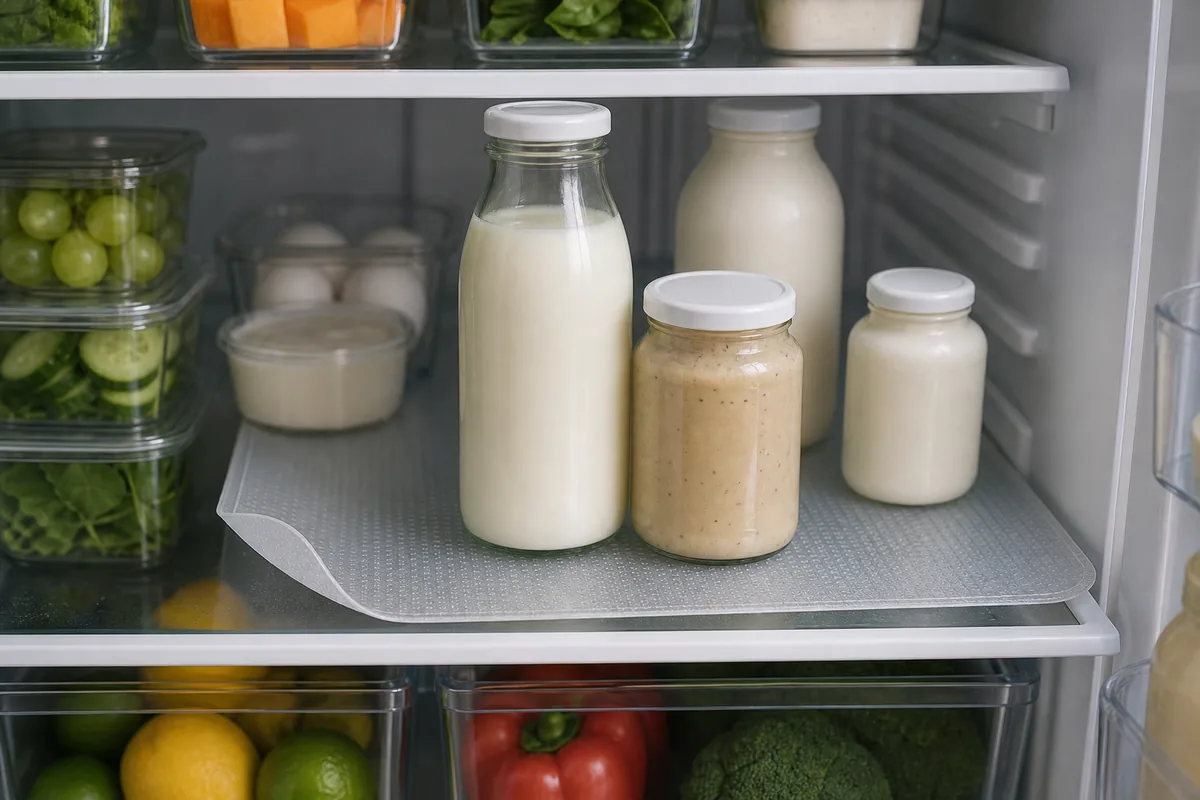 A fridge glass shelf fitted with a soft wipe-clean liner mat set slightly proud at one corner, a few plain bottles and a jar standing on it