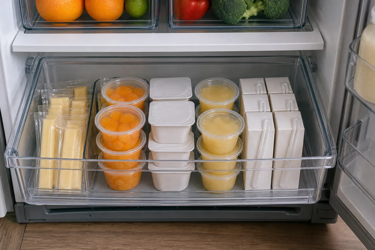 A low clear drawer pulled open near the bottom of a fridge at kid height, holding single-serve snacks (small cheese portions, fruit cups, little tubs, and juice boxes) all plain and unbranded