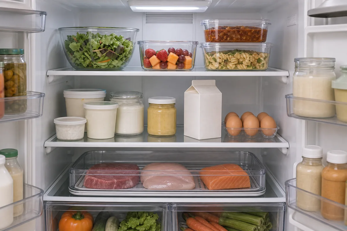 A straight-on view into an open fridge showing food arranged in temperature zones: ready-to-eat and leftovers on top, dairy in the middle, raw meat on a contained tray on the cold bottom shelf