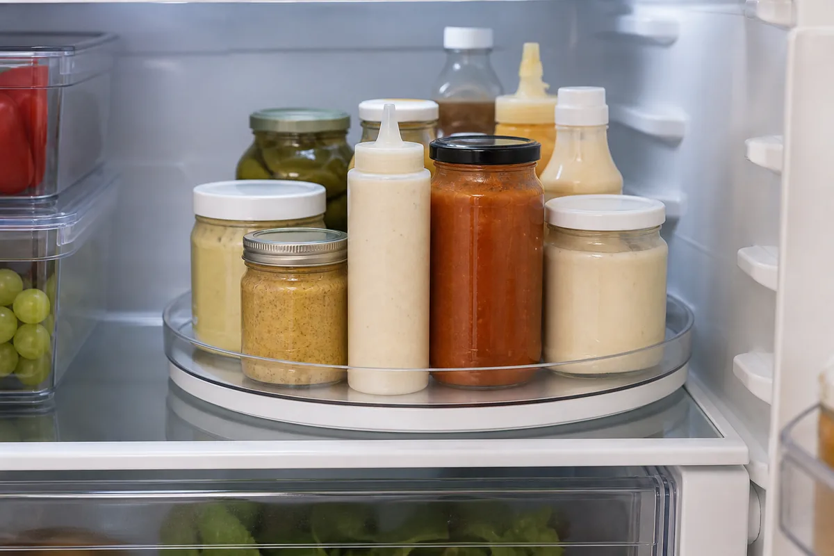A lazy-Susan turntable on a fridge shelf loaded with plain jars and squeeze bottles of condiments, turned slightly as if mid-spin