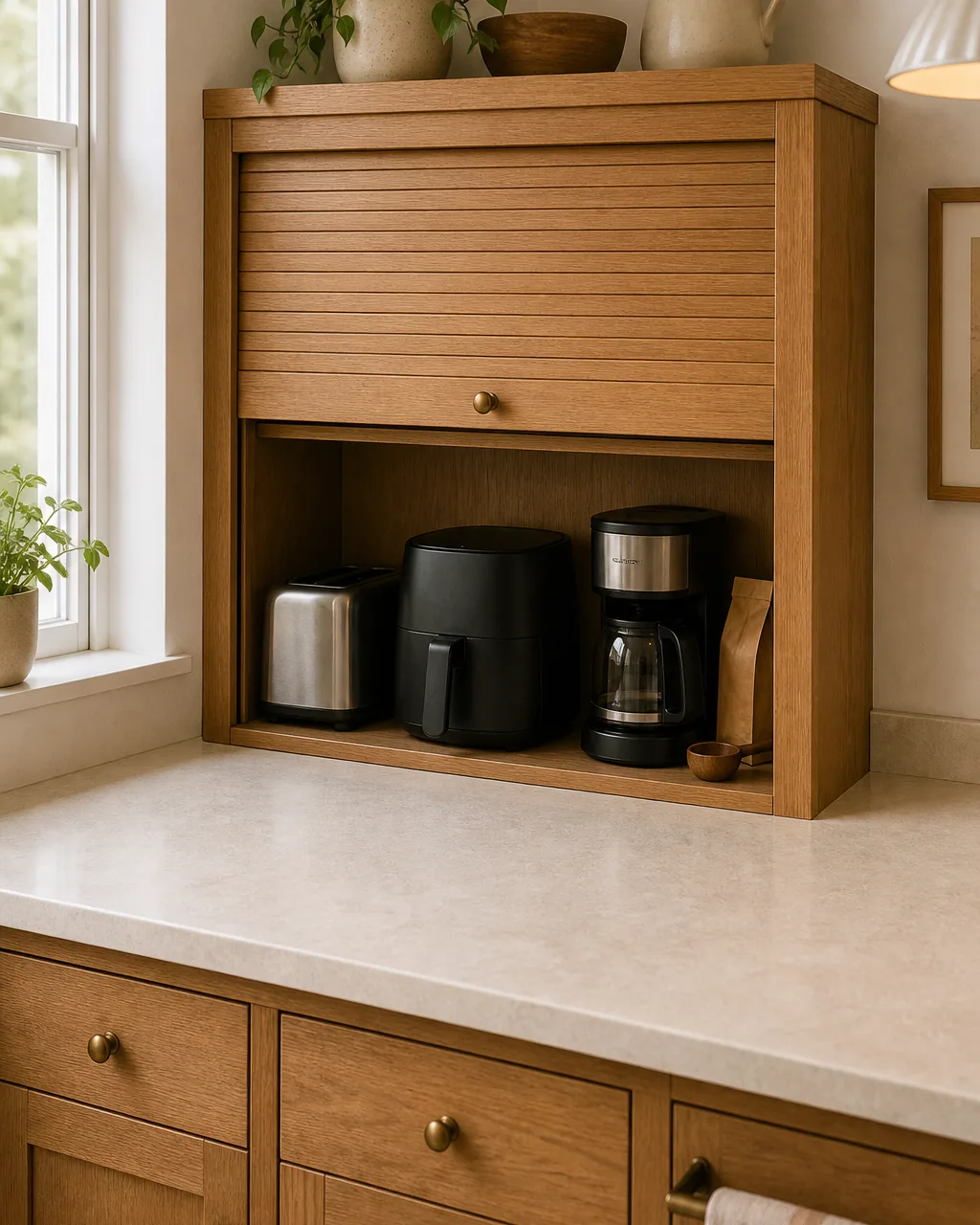 A slim warm-oak appliance garage cabinet built into the corner of a small apartment kitchen counter, roll-up door cracked open showing a toaster, an air fryer, and a drip coffee maker stored together on one shelf with cords tucked behind, the pale stone counter outside the garage visibly clear of those three appliances