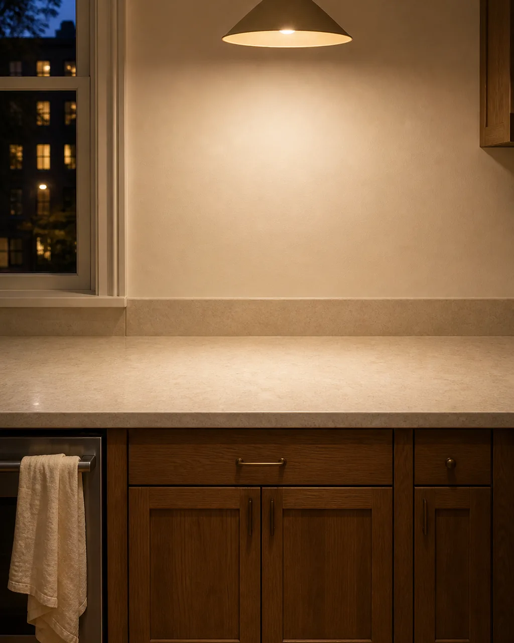 A small apartment kitchen counter at dusk, fully empty pale stone surface stretching the full frame width, only one folded cream linen tea towel draped over the oven handle at the far edge, one warm pendant light glowing softly above casting warm light onto the empty stone, no appliances visible on the counter — the evening reset moment captured
