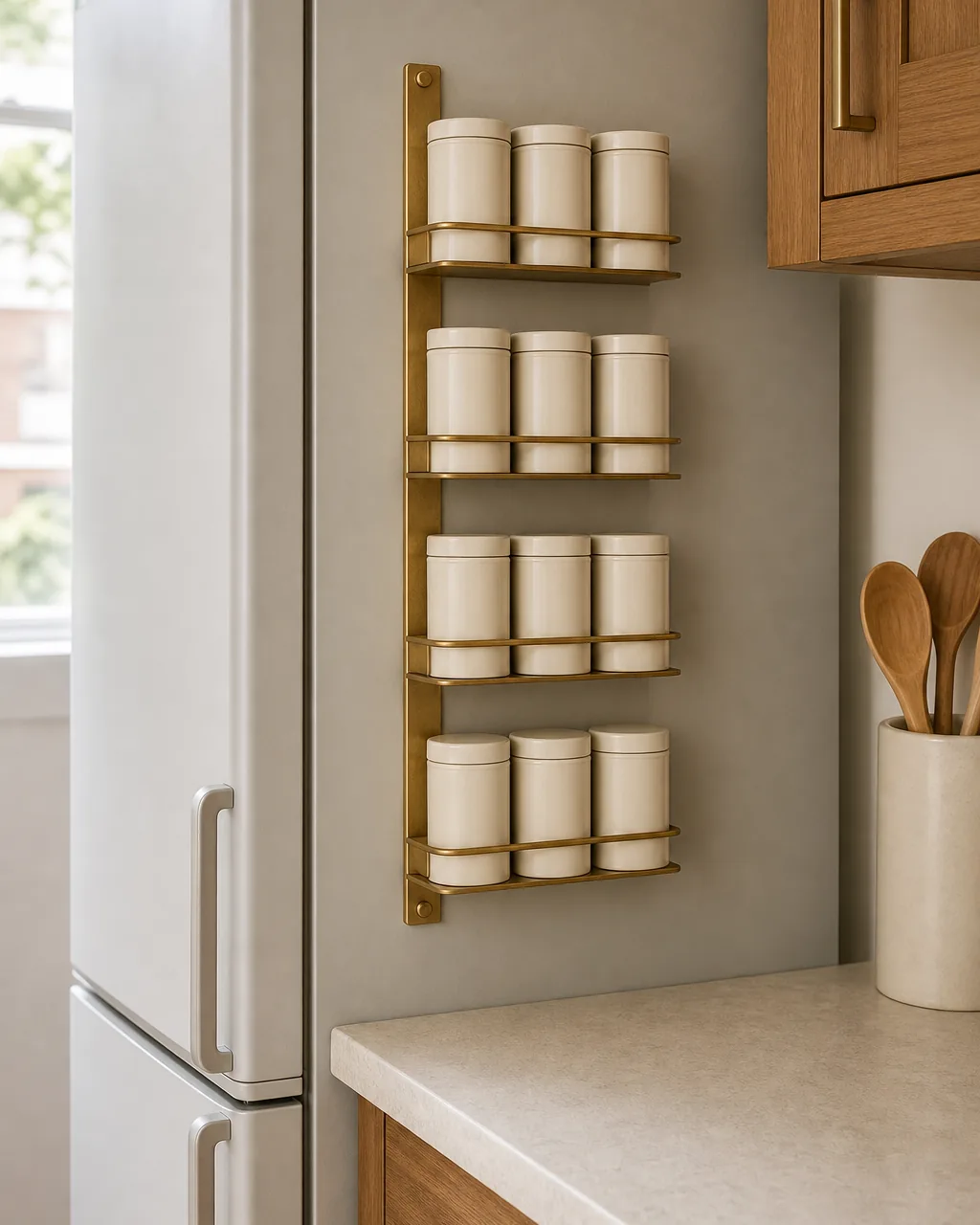 A slim brushed brass vertical magnetic rack mounted on the side wall of a refrigerator in a small apartment kitchen, holding ten matching warm-cream ceramic spice tins arranged in three small tiers, the pale stone counter to the side of the fridge visibly empty where a counter spice rack used to live