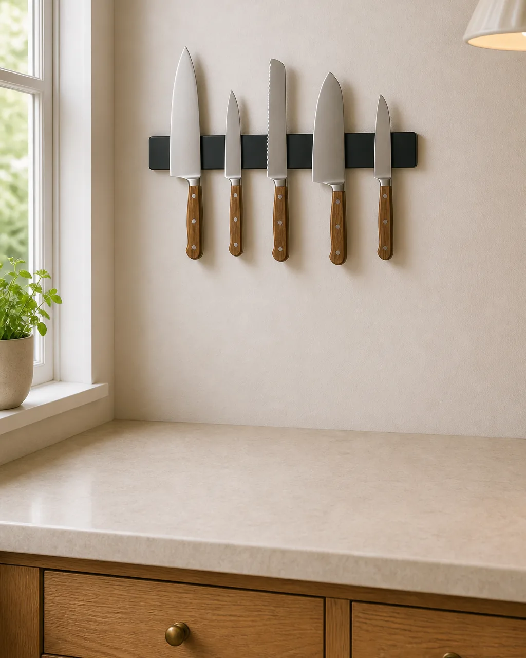 A slim matte black magnetic knife strip mounted on a warm-white wall above a small apartment kitchen counter holding five plain unbranded kitchen knives in size order, the pale stone counter below visibly empty where a bulky knife block used to sit