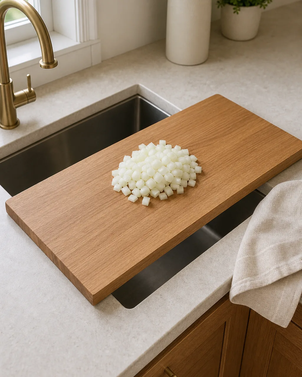 A long warm-oak cutting board placed across the opening of a kitchen sink in a small apartment, the board spans the sink edge to edge effectively doubling the available prep surface, a small pile of diced onion sits in the middle of the board mid-prep, the sink basin visible just below the board edge