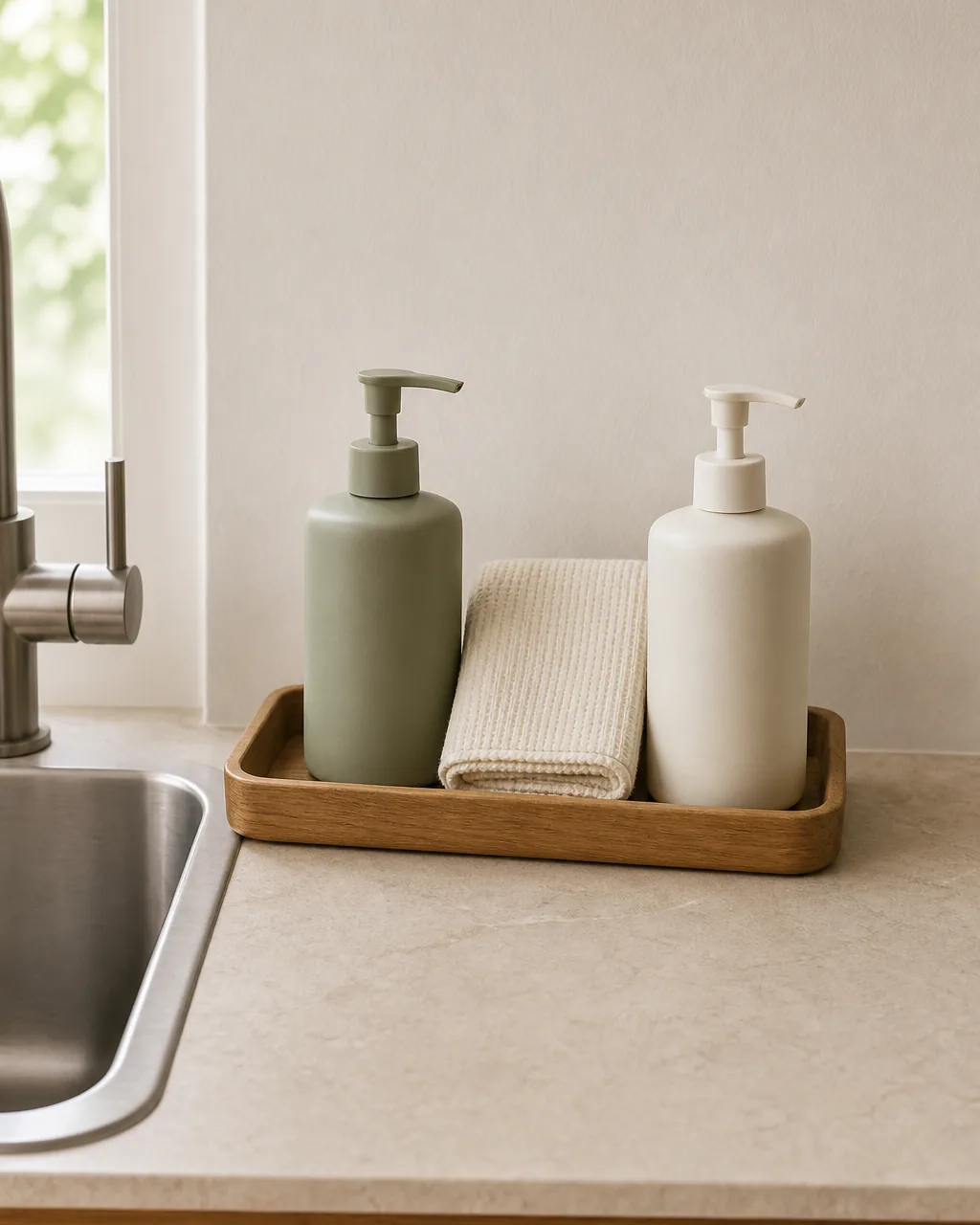 A small warm-oak tray beside a sink on a pale stone kitchen counter corralling exactly three things — a plain pump bottle of dish soap, a folded cream linen sponge cloth, and a plain pump bottle of hand lotion — the tray creates one small contained zone so the surrounding sink-side counter reads clean
